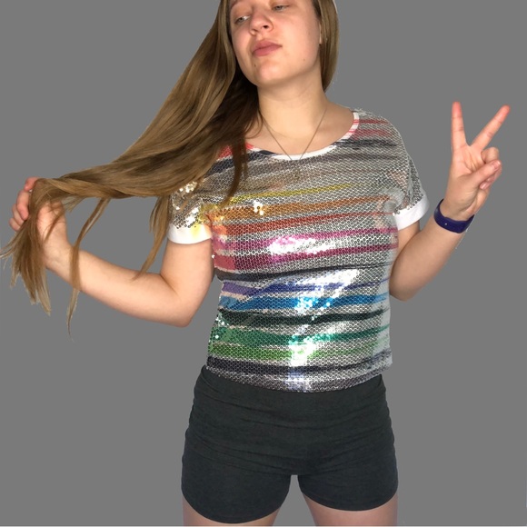 Body Central Rainbow Striped Sequin Relaxed Fit Top - Size Small - Picture 2 of 12